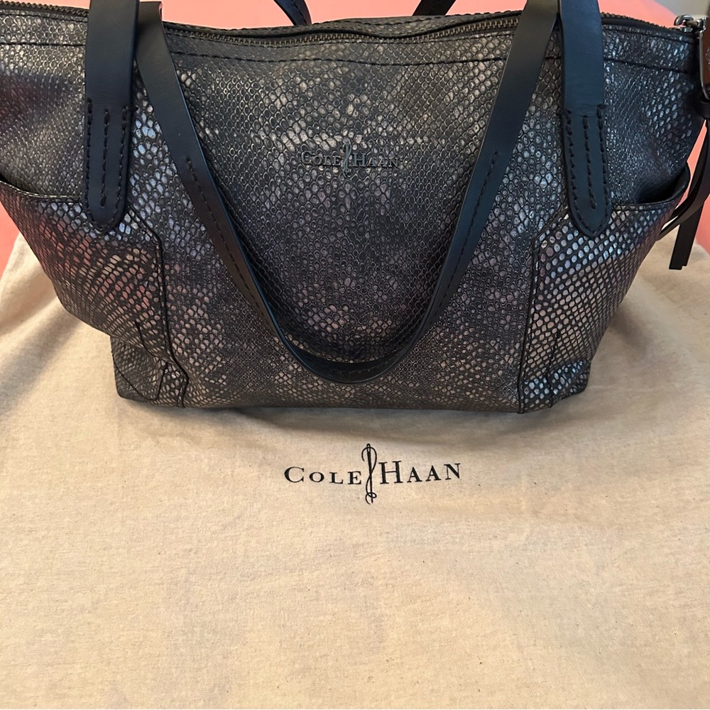 Cole Haan Black Metallic Snake-Print Leather Purse